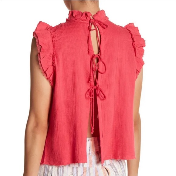 Free People Hot Pink Crochet Gauzy Peasant Mesh Ruffle Blouse Top - Picture 4 of 7